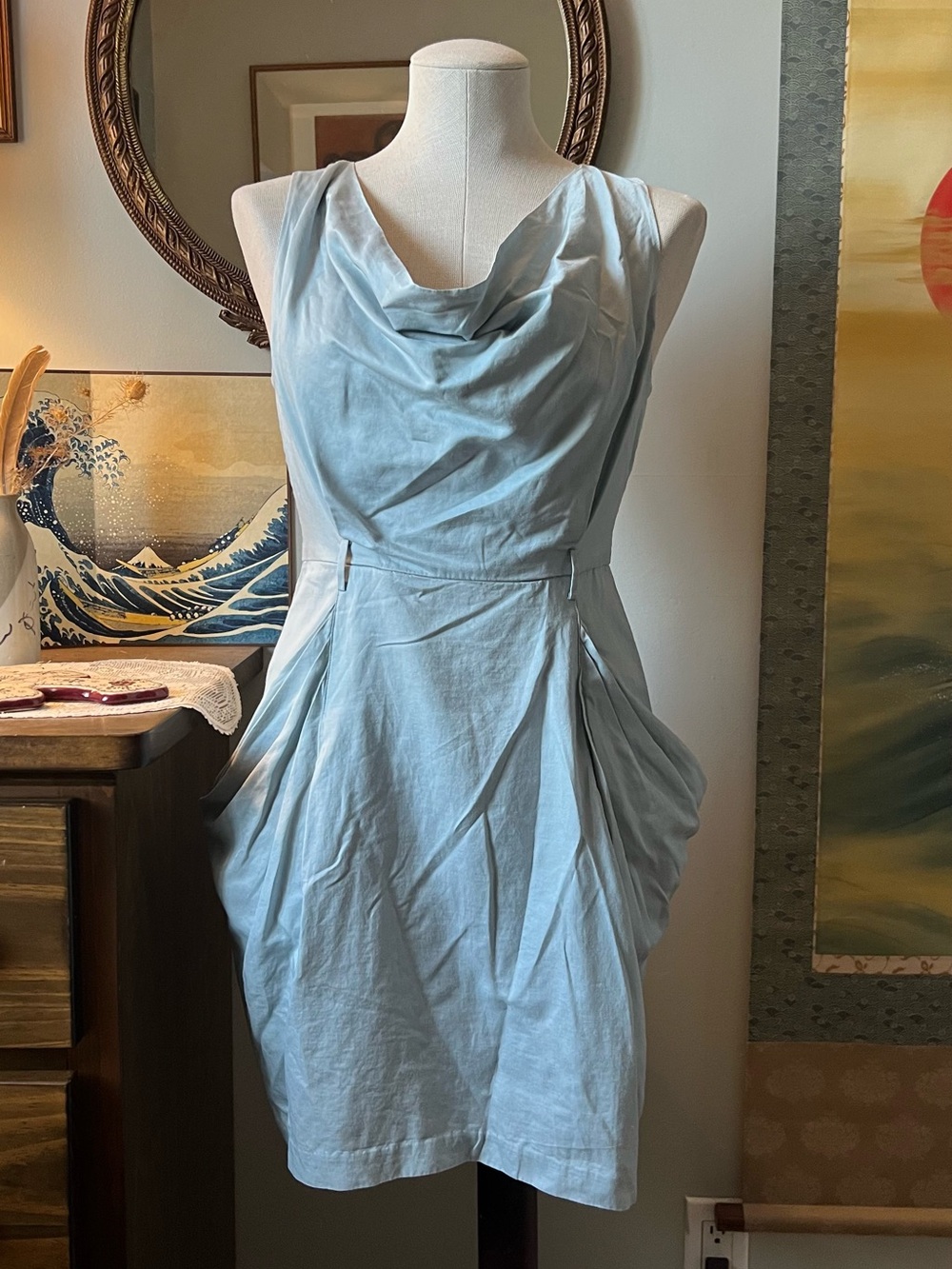 Steve Madden Light Blue Silk & cotton Cowl Neck Mini Dress